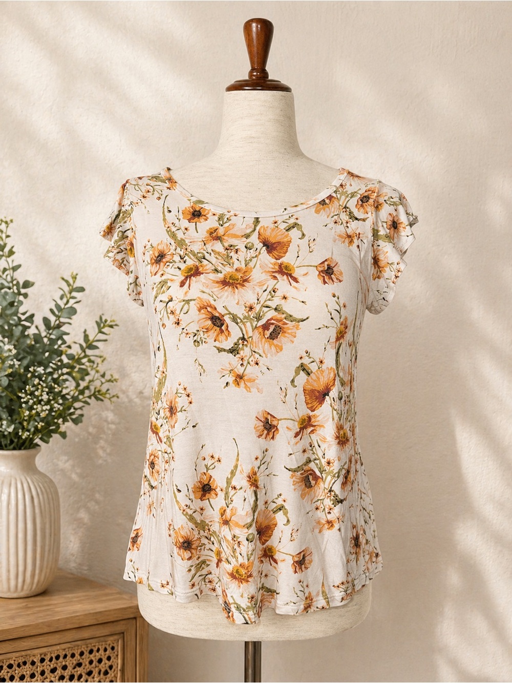 H&M Cream Short Sleeve Scoop Neck Top with Mustard Floral Print